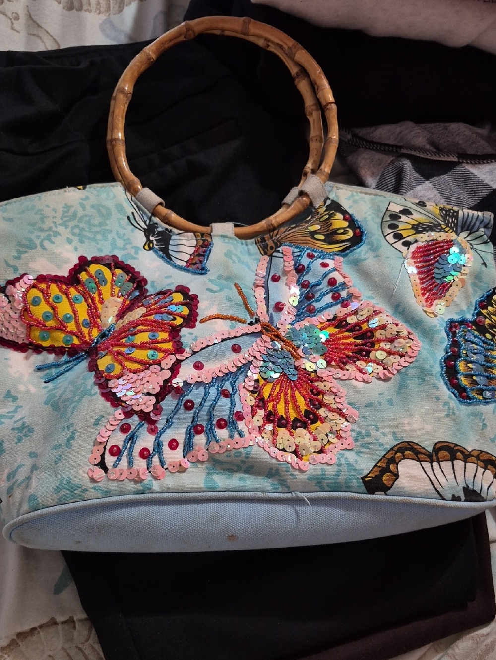 Embellished Butterfly Bamboo-Handle Tote Bag - Blue